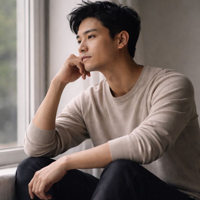 A contemplative young man sitting by a window in soft natural light.